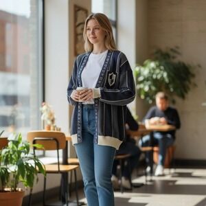 VTG 90s Generra Sport Cardigan Sweater Button Up Blue Geometric Mens Large